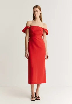 Vestido Lino Midi Drapeado Pecho-Scalpers Clearance