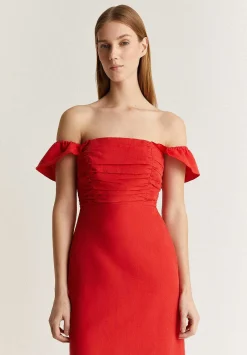 Vestido Lino Midi Drapeado Pecho-Scalpers Clearance
