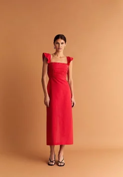 Vestido Lino Midi Drapeado Pecho-Scalpers Outlet